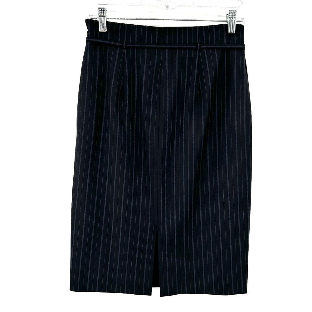 CLASSIQUES ENTIER Navy Blue Striped Belted Wool High Waist Pencil Skirt Size 4